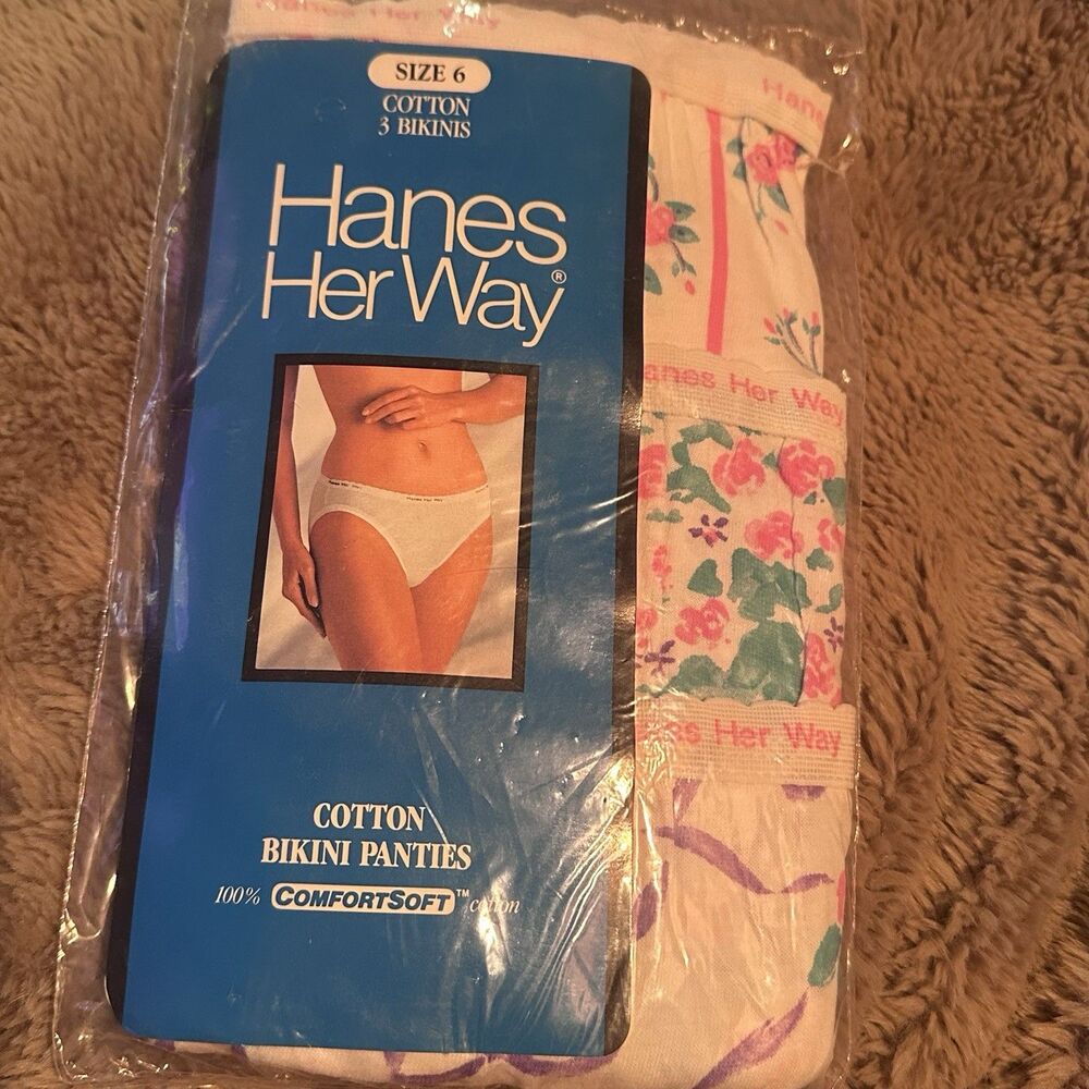 Vintage 1990S Haynes Her Way Cotton Three Bikinis Panties Size 6 Floral NIP NOS